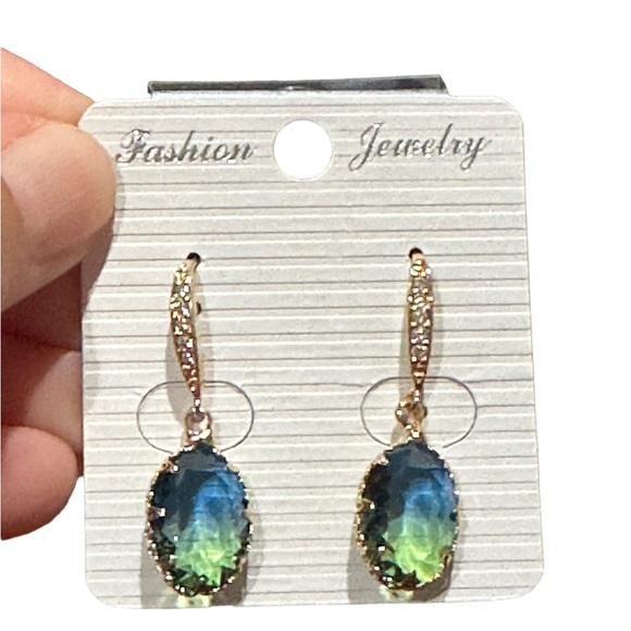 Gold with Green and Blue Ombré Stone Rhinestone Accent Drop Earrings - Picture 3 of 8